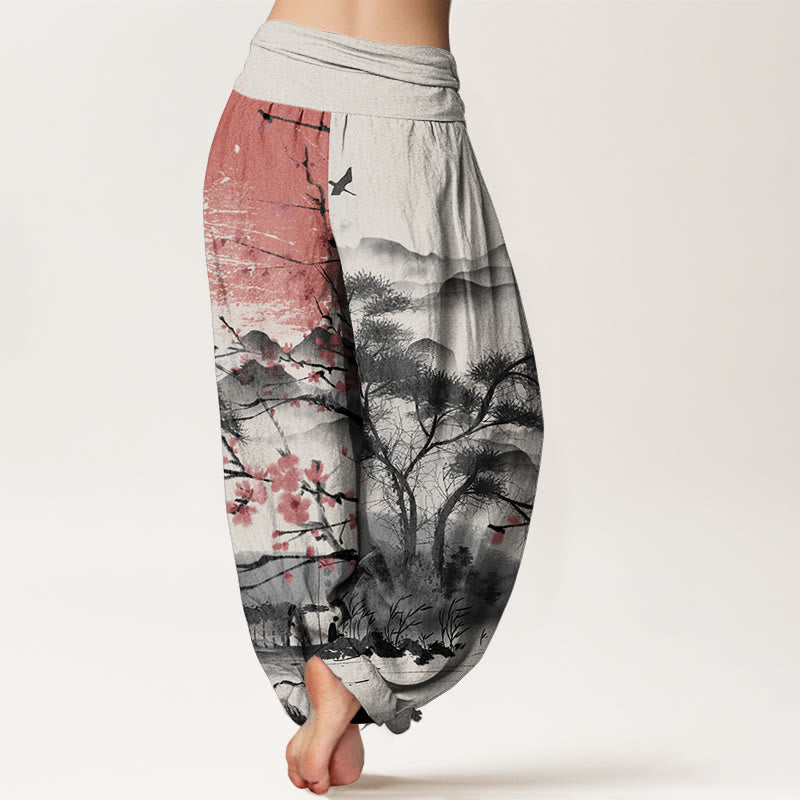 Pantalones Buddha Stones de algodón puro con estampado de flores de ciruelo rojo, montañas y sol, informales, con cintura elástica, para mujer - image 10