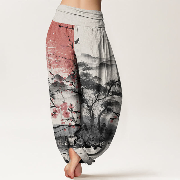 Pantalones Buddha Stones de algodón puro con estampado de flores de ciruelo rojo, montañas y sol, informales, con cintura elástica, para mujer - image 10