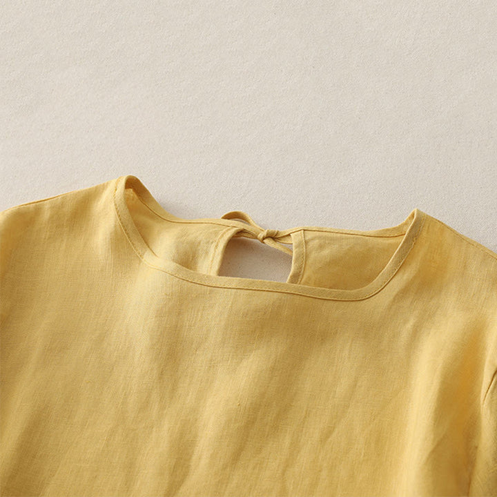 Camiseta informal de poliéster con cuello redondo, volantes y dobladillo con lazo para mujer Buddha Stones - image 1