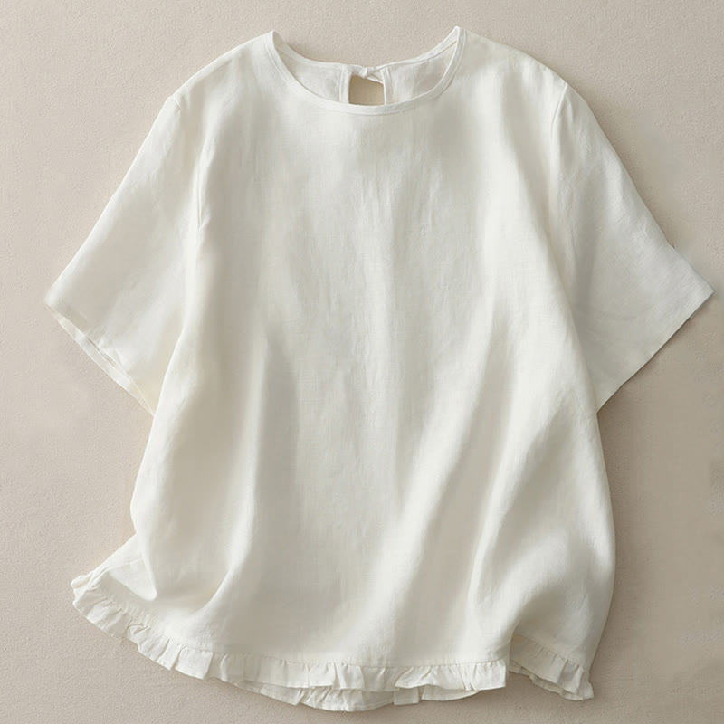 Camiseta informal de poliéster con cuello redondo, volantes y dobladillo con lazo para mujer Buddha Stones - image 8