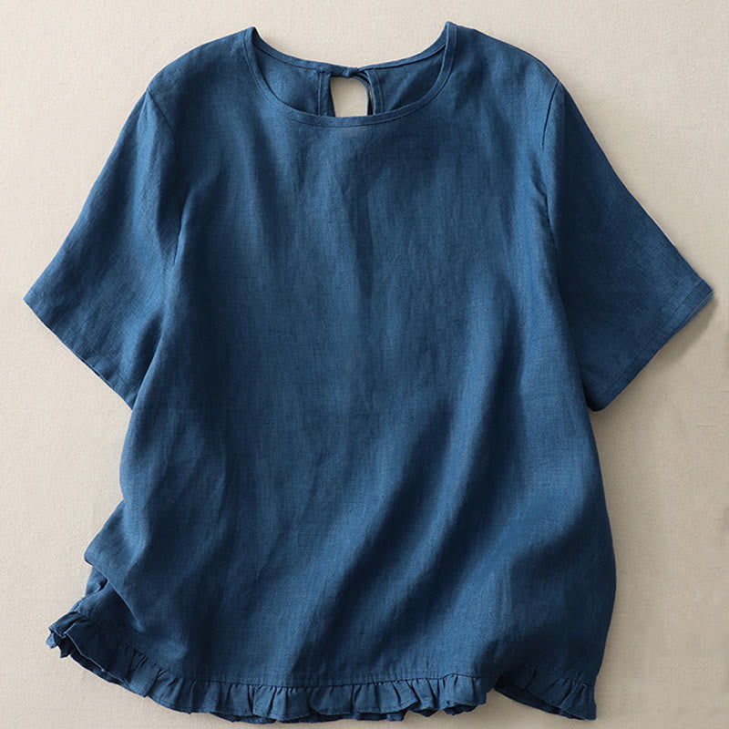 Camiseta informal de poliéster con cuello redondo, volantes y dobladillo con lazo para mujer Buddha Stones - Azul acero - US8-10，UK/AU12-14，EU40-42 (2XL) - image 13
