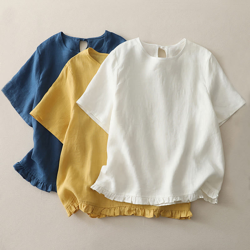 Camiseta informal de poliéster con cuello redondo, volantes y dobladillo con lazo para mujer Buddha Stones - image 16