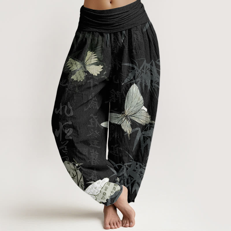 Pantalones harén de algodón puro con diseño de Buddha Stones, hojas de bambú y caracteres chinos para mujer, con cintura elástica - Negro - US22，UK/AU26，EU54 (6XL) - image 0