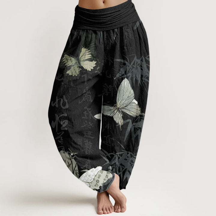 Pantalones harén de algodón puro con diseño de Buddha Stones, hojas de bambú y caracteres chinos para mujer, con cintura elástica - Negro - US22，UK/AU26，EU54 (6XL) - image 0