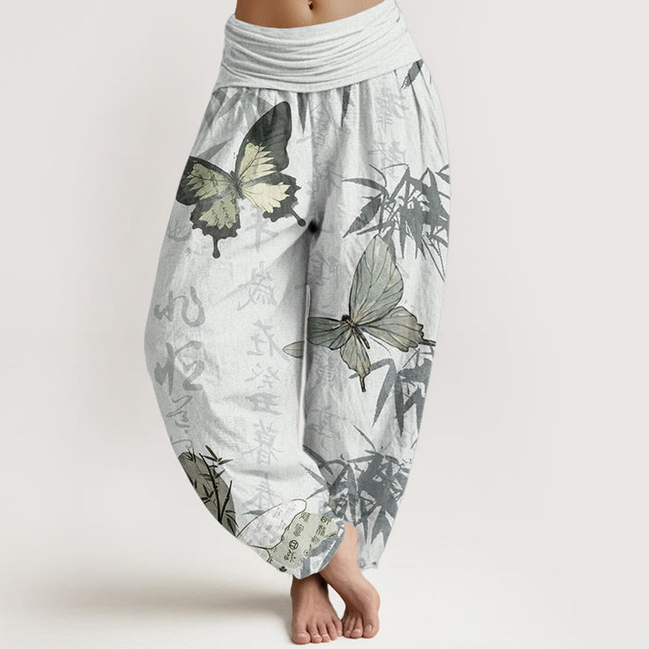 Pantalones harén de algodón puro con diseño de Buddha Stones, hojas de bambú y caracteres chinos para mujer, con cintura elástica - Gotas de miel - US22，UK/AU26，EU54 (6XL) - image 9