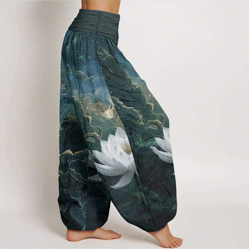 Pantalones Buddha Stones de algodón puro con estampado de loto, cielo estrellado y nubes para mujer, cintura elástica
