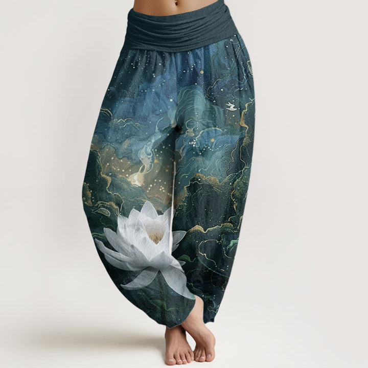 Pantalones Buddha Stones de algodón puro con estampado de loto, cielo estrellado y nubes para mujer, cintura elástica