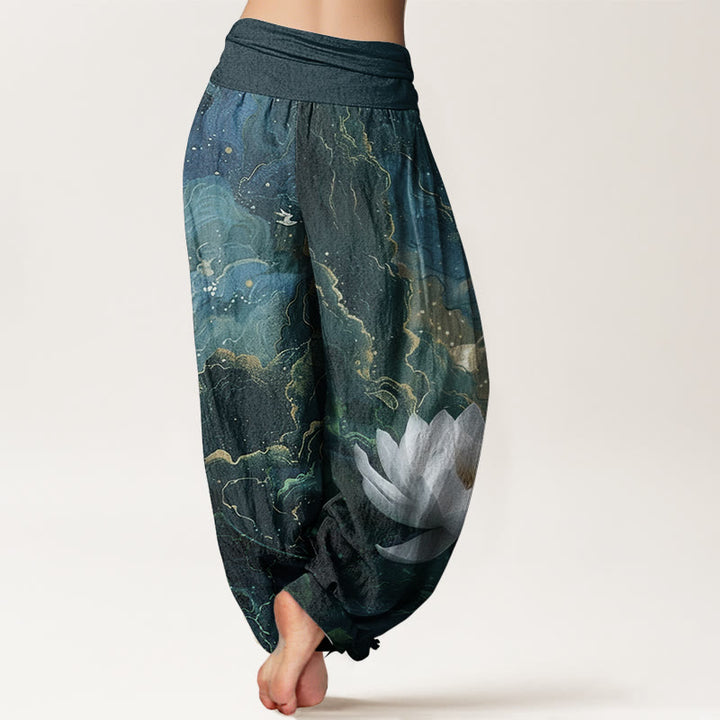 Pantalones Buddha Stones de algodón puro con estampado de loto, cielo estrellado y nubes para mujer, cintura elástica