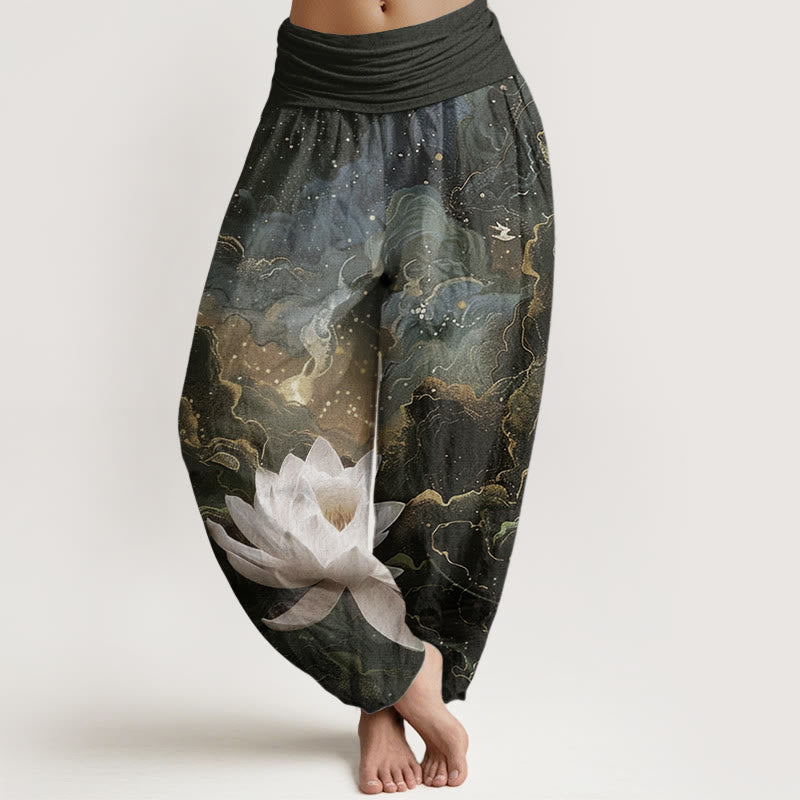 Pantalones Buddha Stones de algodón puro con estampado de loto, cielo estrellado y nubes para mujer, cintura elástica