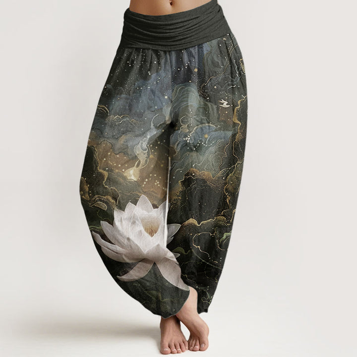 Pantalones Buddha Stones de algodón puro con estampado de loto, cielo estrellado y nubes para mujer, cintura elástica
