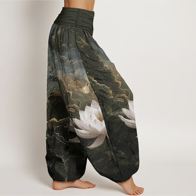 Pantalones Buddha Stones de algodón puro con estampado de loto, cielo estrellado y nubes para mujer, cintura elástica