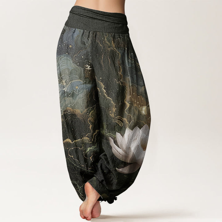 Pantalones Buddha Stones de algodón puro con estampado de loto, cielo estrellado y nubes para mujer, cintura elástica