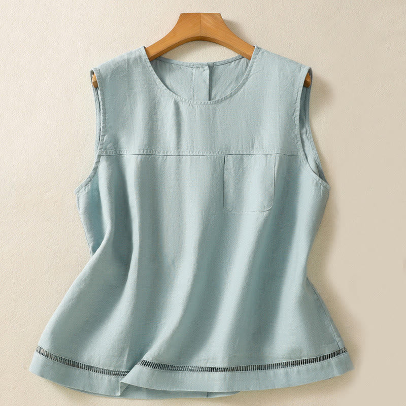 Chaleco sin mangas de algodón para mujer con diseño de botones y cuello redondo sencillo con Buddha Stones - Azul polvoriento - US8-10，UK/AU12-14，EU40-42 (2XL) - image 7