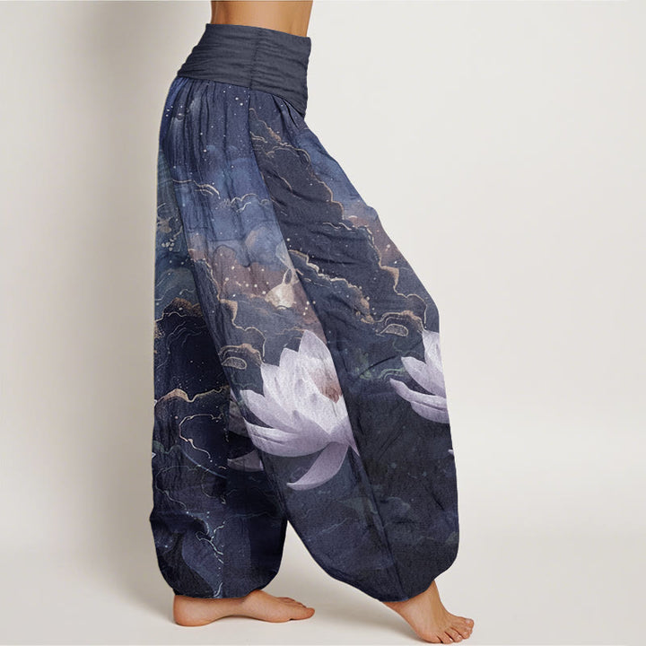 Pantalones Buddha Stones de algodón puro con estampado de loto, cielo estrellado y nubes para mujer, cintura elástica