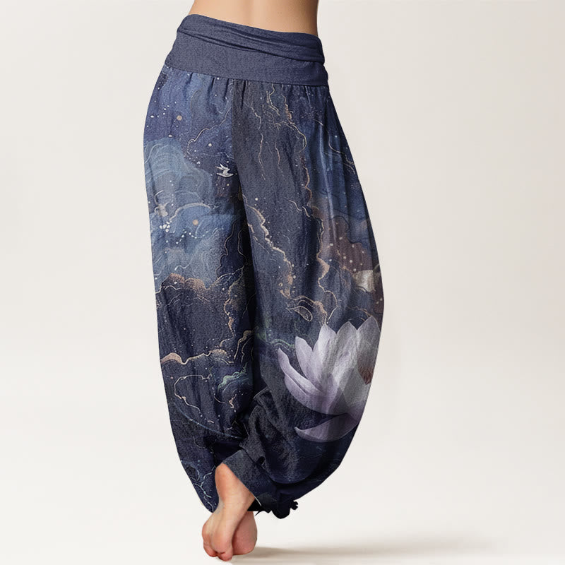 Pantalones Buddha Stones de algodón puro con estampado de loto, cielo estrellado y nubes para mujer, cintura elástica