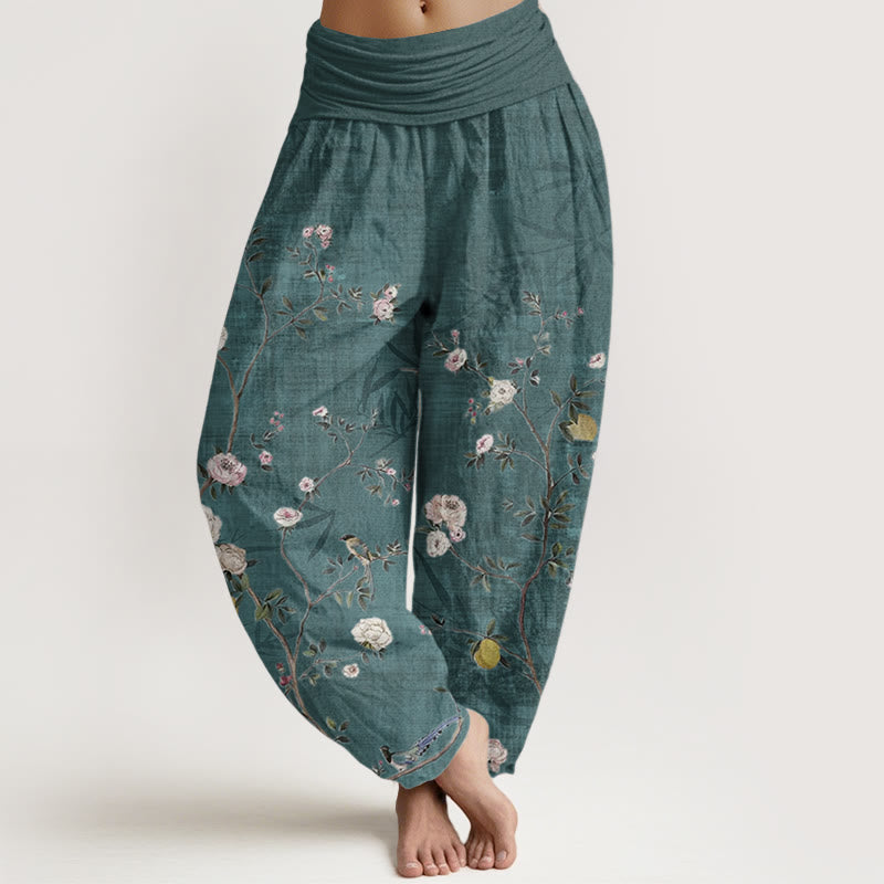 Pantalones harén de algodón puro con diseño de flores blancas y rosas de Buddha Stones , hojas de bambú y frutas, con cintura elástica para mujer - Cian oscuro - US22，UK/AU26，EU54 (6XL) - image 0
