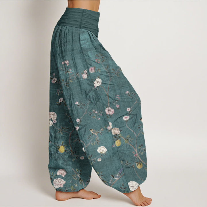 Pantalones harén de algodón puro con diseño de flores blancas y rosas de Buddha Stones , hojas de bambú y frutas, con cintura elástica para mujer - image 2