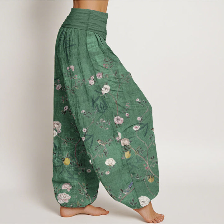 Pantalones harén de algodón puro con diseño de flores blancas y rosas de Buddha Stones , hojas de bambú y frutas, con cintura elástica para mujer - image 8