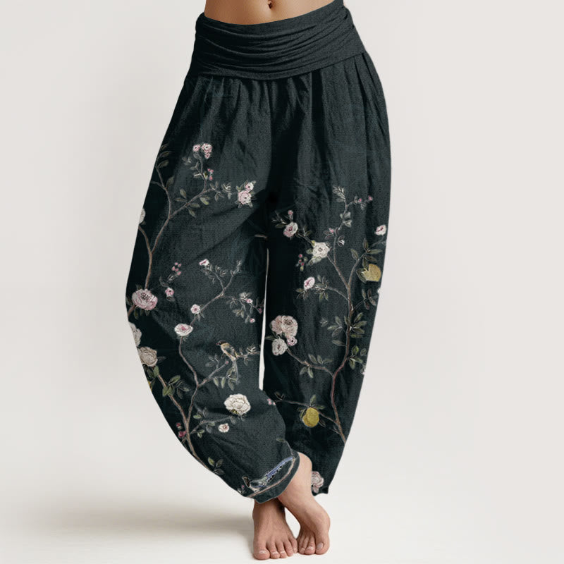 Pantalones harén de algodón puro con diseño de flores blancas y rosas de Buddha Stones , hojas de bambú y frutas, con cintura elástica para mujer - Negro - US22，UK/AU26，EU54 (6XL) - image 9