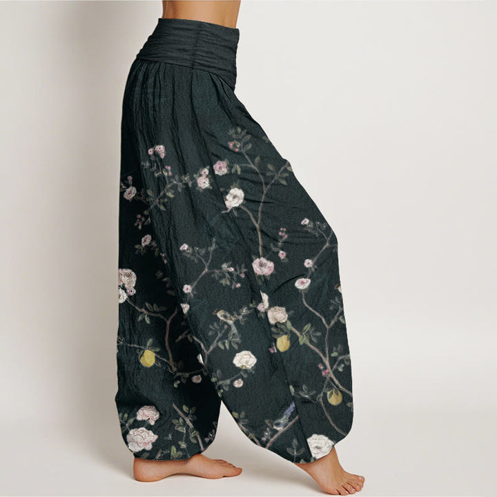 Pantalones harén de algodón puro con diseño de flores blancas y rosas de Buddha Stones , hojas de bambú y frutas, con cintura elástica para mujer - image 11