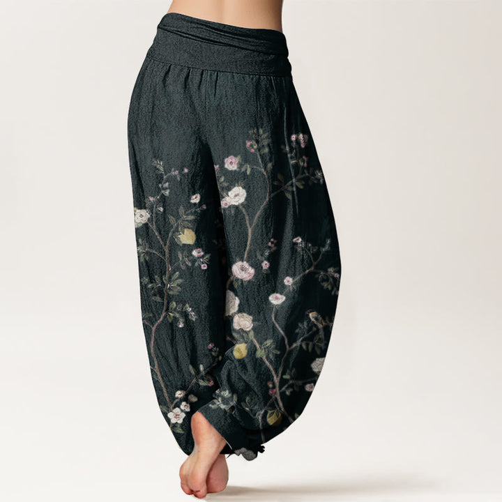Pantalones harén de algodón puro con diseño de flores blancas y rosas de Buddha Stones , hojas de bambú y frutas, con cintura elástica para mujer - image 10