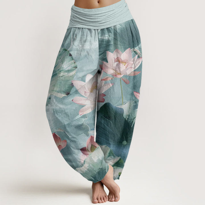 Pantalones harén de Buddha Stones puro con estampado de pétalos de loto para mujer, informales, con cintura elástica - Turquesa pálido - US22，UK/AU26，EU54 (6XL) - image 0