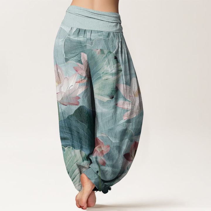 Pantalones harén de Buddha Stones puro con estampado de pétalos de loto para mujer, informales, con cintura elástica