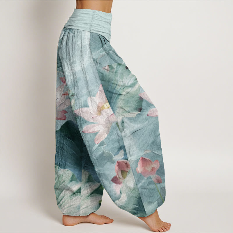 Pantalones harén de Buddha Stones puro con estampado de pétalos de loto para mujer, informales, con cintura elástica