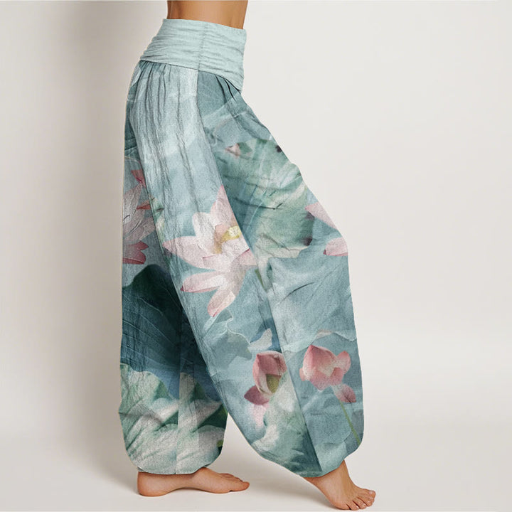 Pantalones harén de Buddha Stones puro con estampado de pétalos de loto para mujer, informales, con cintura elástica