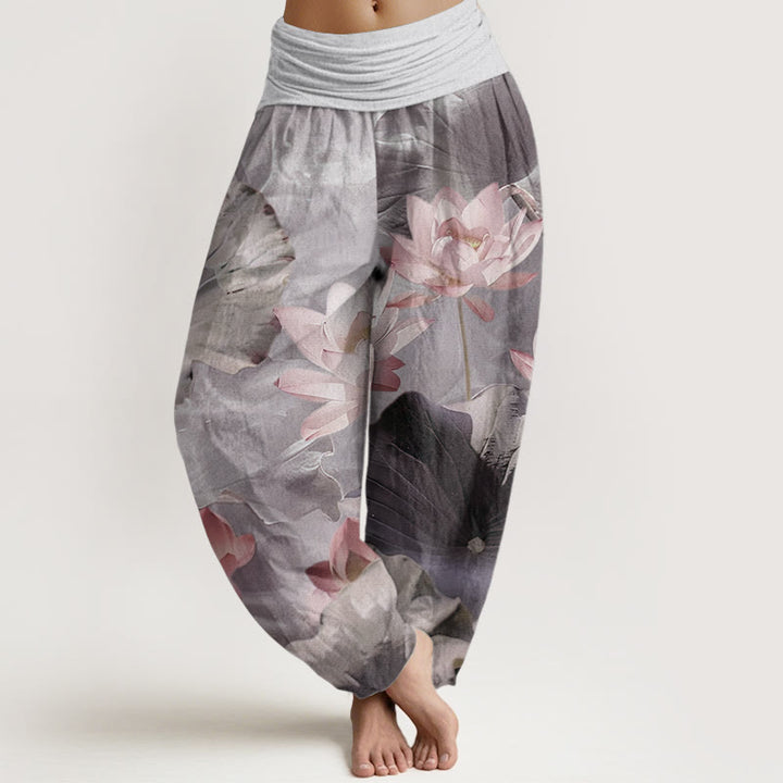 Pantalones harén de Buddha Stones puro con estampado de pétalos de loto para mujer, informales, con cintura elástica