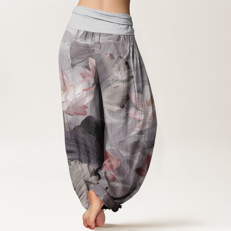 Pantalones harén de Buddha Stones puro con estampado de pétalos de loto para mujer, informales, con cintura elástica