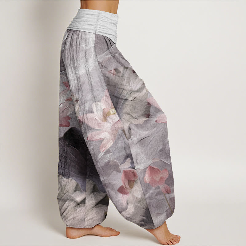 Pantalones harén de Buddha Stones puro con estampado de pétalos de loto para mujer, informales, con cintura elástica