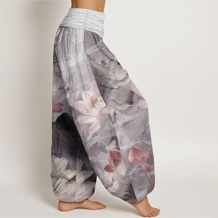 Pantalones harén de Buddha Stones puro con estampado de pétalos de loto para mujer, informales, con cintura elástica