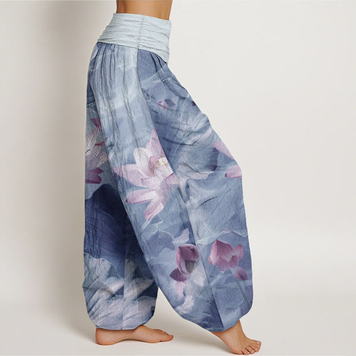 Pantalones harén de Buddha Stones puro con estampado de pétalos de loto para mujer, informales, con cintura elástica
