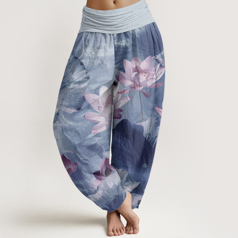 Pantalones harén de Buddha Stones puro con estampado de pétalos de loto para mujer, informales, con cintura elástica