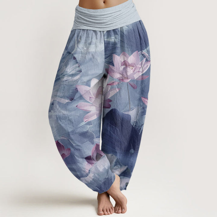 Pantalones harén de Buddha Stones puro con estampado de pétalos de loto para mujer, informales, con cintura elástica