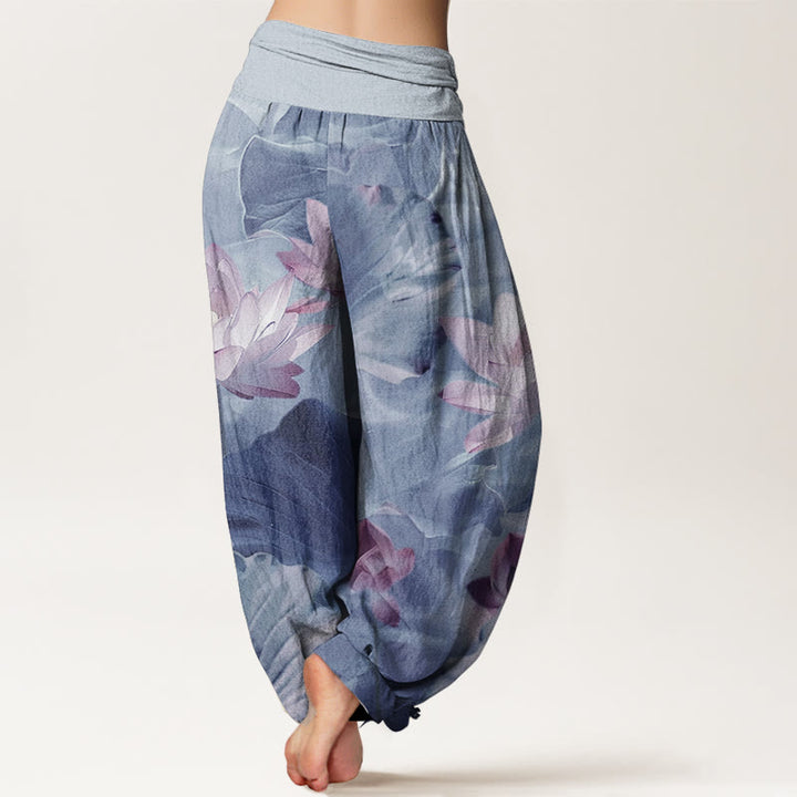 Pantalones harén de Buddha Stones puro con estampado de pétalos de loto para mujer, informales, con cintura elástica