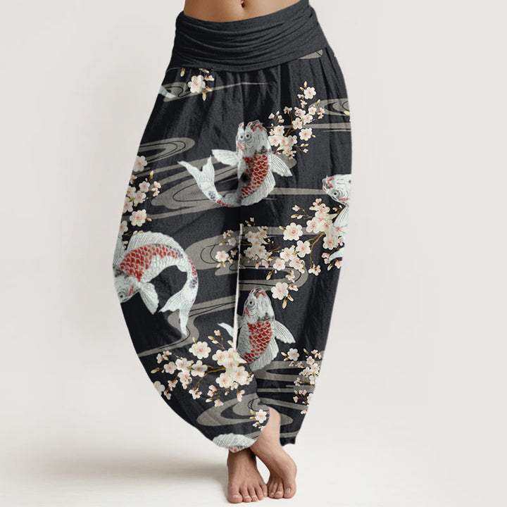 Pantalones bombachos de cintura elástica para mujer, de algodón, estilo informal, con estampado de flores de cerezo y peces koi, de Buddha Stones Cotton. - Negro - US22，UK/AU26，EU54 (6XL) - image 0