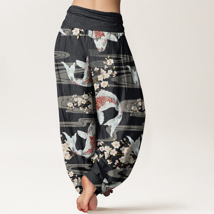 Pantalones bombachos de cintura elástica para mujer, de algodón, estilo informal, con estampado de flores de cerezo y peces koi, de Buddha Stones Cotton. - image 2