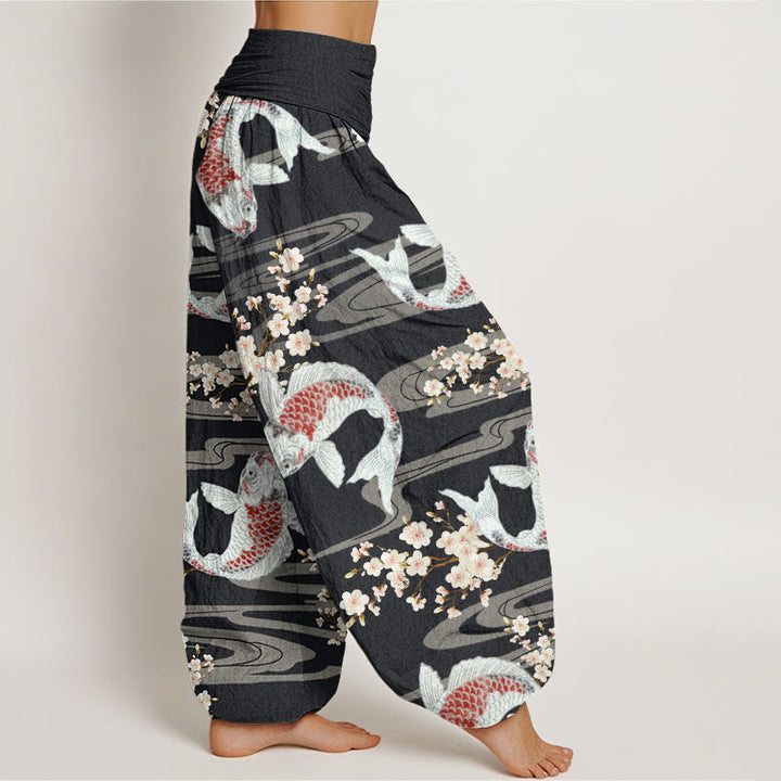 Pantalones bombachos de cintura elástica para mujer, de algodón, estilo informal, con estampado de flores de cerezo y peces koi, de Buddha Stones Cotton. - image 1
