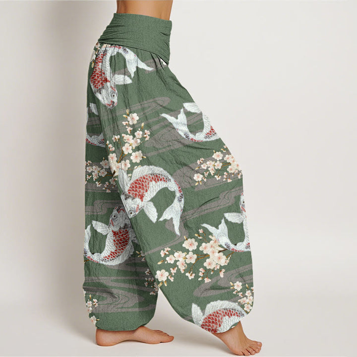 Pantalones bombachos de cintura elástica para mujer, de algodón, estilo informal, con estampado de flores de cerezo y peces koi, de Buddha Stones Cotton. - image 5