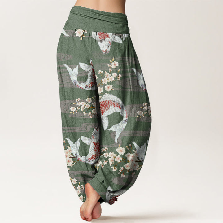 Pantalones bombachos de cintura elástica para mujer, de algodón, estilo informal, con estampado de flores de cerezo y peces koi, de Buddha Stones Cotton. - image 6