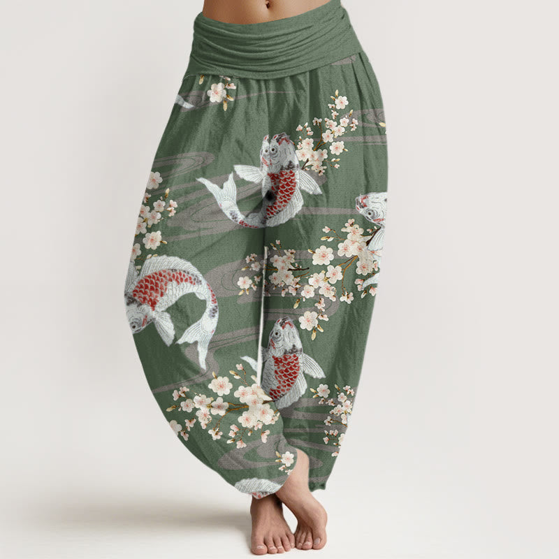 Pantalones bombachos de cintura elástica para mujer, de algodón, estilo informal, con estampado de flores de cerezo y peces koi, de Buddha Stones Cotton. - Verde mar oscuro - US22，UK/AU26，EU54 (6XL) - image 4