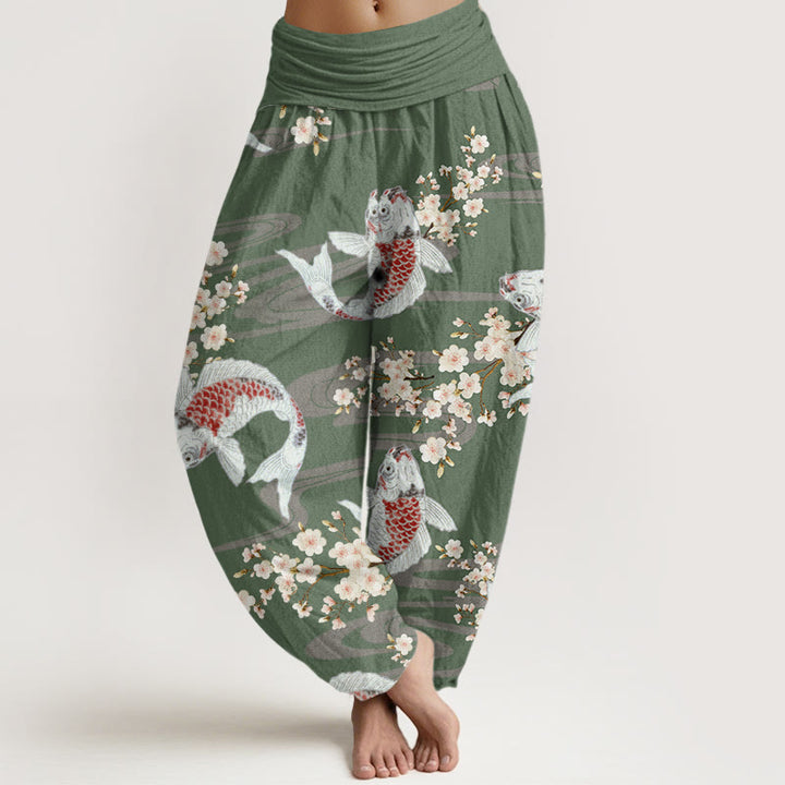 Pantalones bombachos de cintura elástica para mujer, de algodón, estilo informal, con estampado de flores de cerezo y peces koi, de Buddha Stones Cotton. - Verde mar oscuro - US22，UK/AU26，EU54 (6XL) - image 4