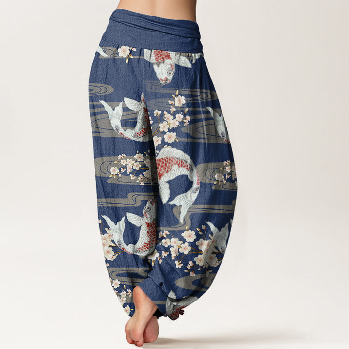 Pantalones bombachos de cintura elástica para mujer, de algodón, estilo informal, con estampado de flores de cerezo y peces koi, de Buddha Stones Cotton. - image 9