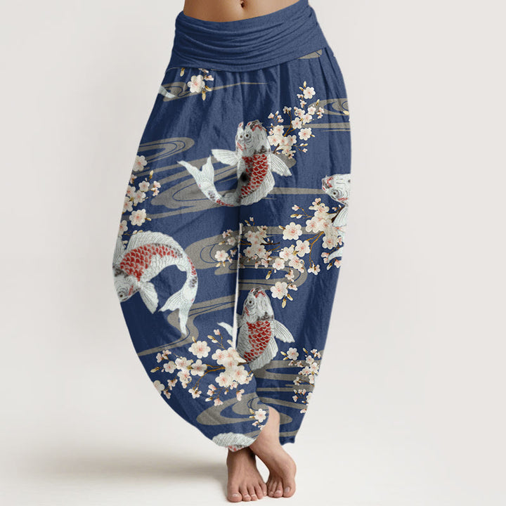 Pantalones bombachos de cintura elástica para mujer, de algodón, estilo informal, con estampado de flores de cerezo y peces koi, de Buddha Stones Cotton. - Azul acero - US22，UK/AU26，EU54 (6XL) - image 7