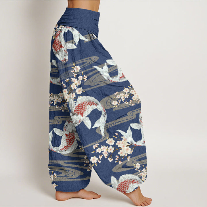 Pantalones bombachos de cintura elástica para mujer, de algodón, estilo informal, con estampado de flores de cerezo y peces koi, de Buddha Stones Cotton. - image 8
