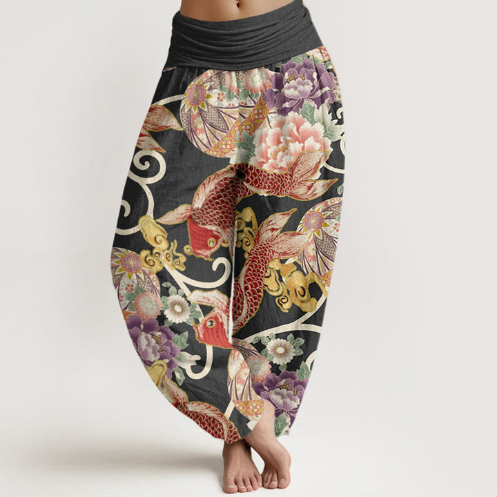 Pantalones bombachos de cintura elástica para mujer, de algodón, estilo casual, con estampado floral de Buddha Stones. - Negro - US22，UK/AU26，EU54 (6XL) - image 4