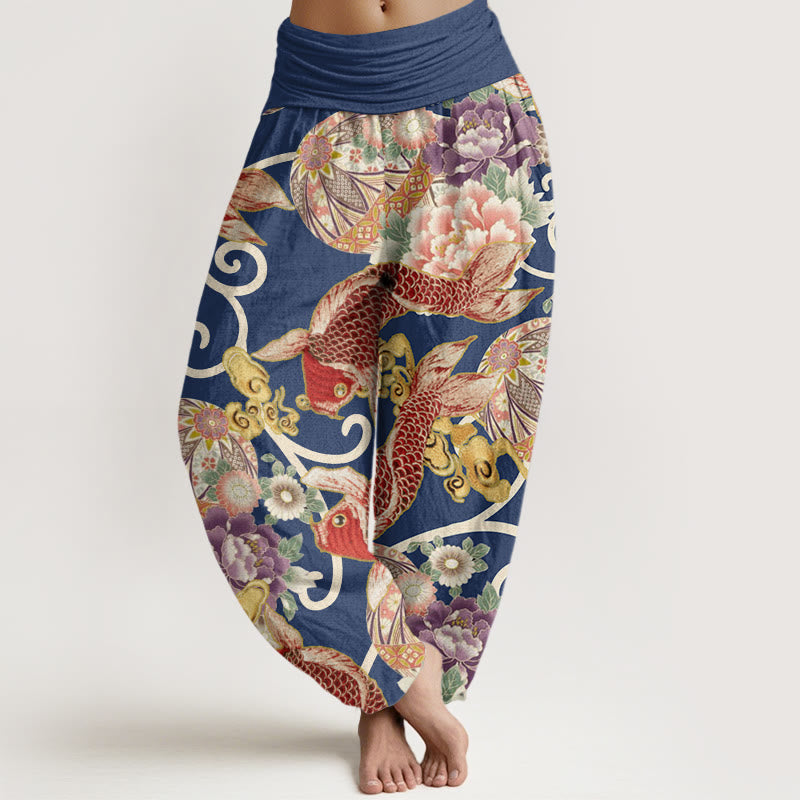 Pantalones bombachos de cintura elástica para mujer, de algodón, estilo casual, con estampado floral de Buddha Stones. - Azul acero - US22，UK/AU26，EU54 (6XL) - image 7