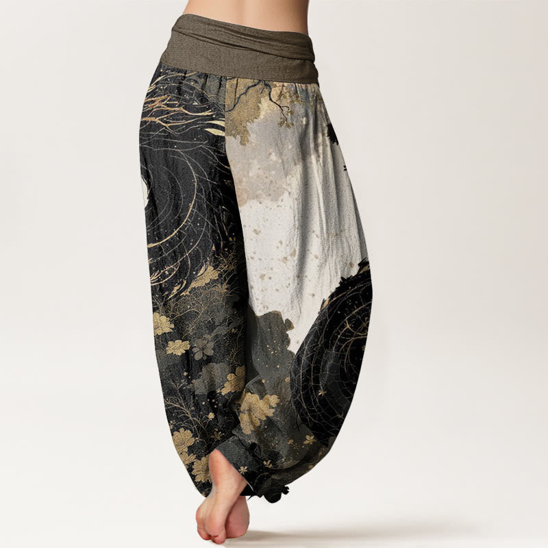 Pantalones Buddha Stones de algodón puro con estampado de dragón y árbol antiguo para mujer, cintura elástica